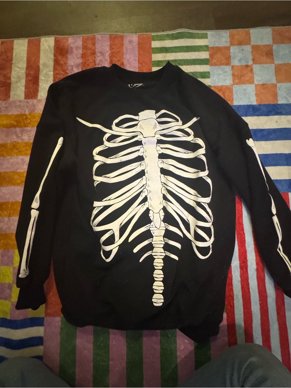 Cold Crush Black Crewneck Sweater with White Skeleton Print